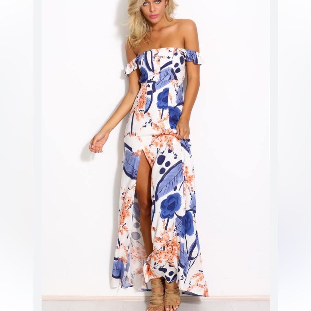 Floral Maxi Dress with Blue and Orange Accents